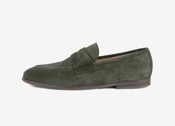 Green suede loafer with band detail