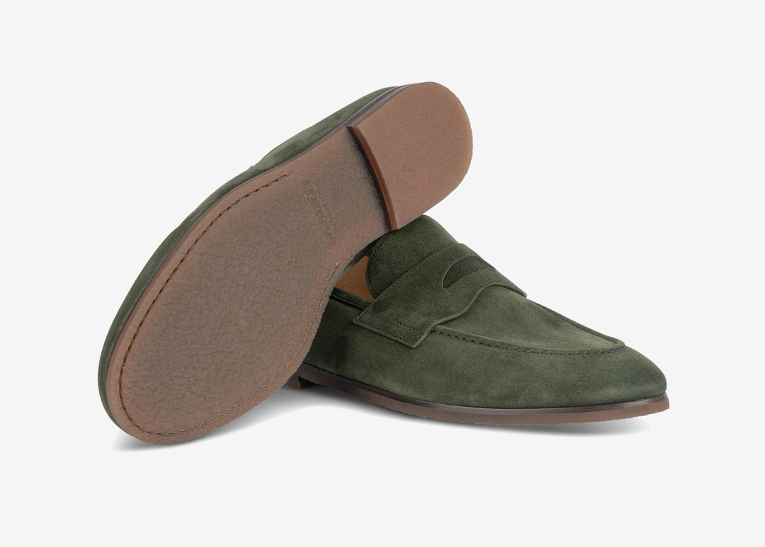 Green suede loafer with band detail