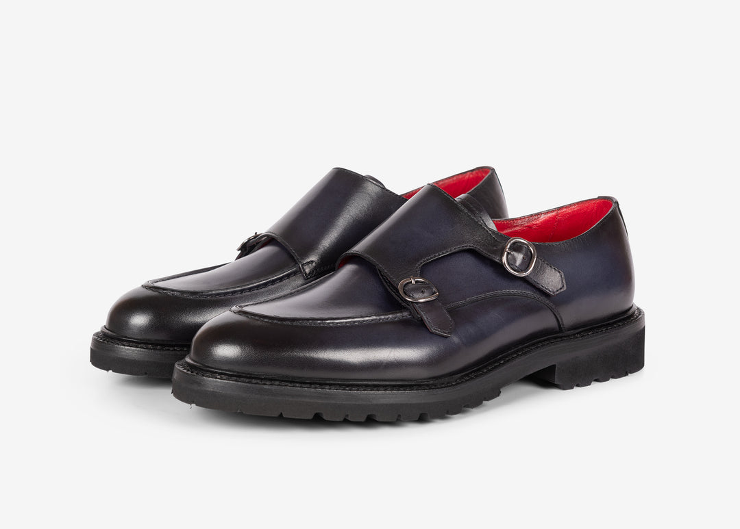 Navy double buckle in hand-aged leather