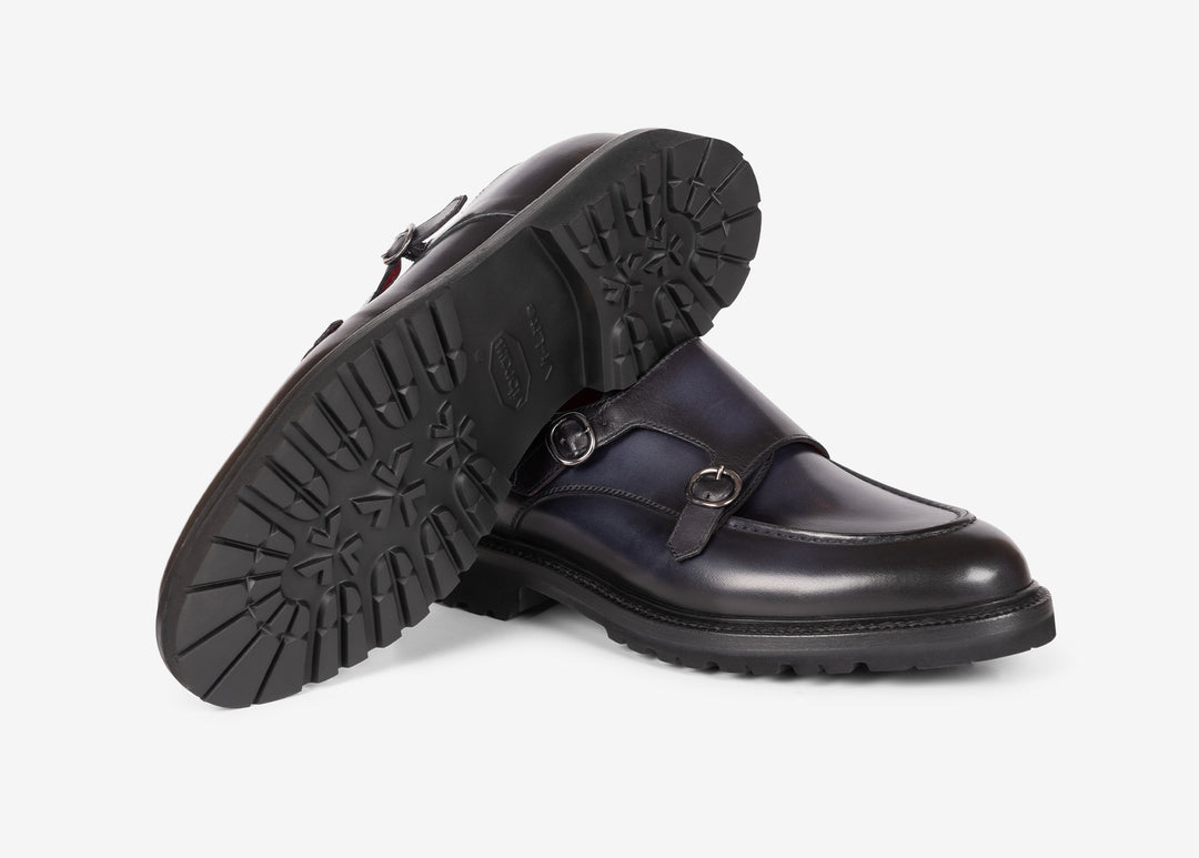 Navy double buckle in hand-aged leather