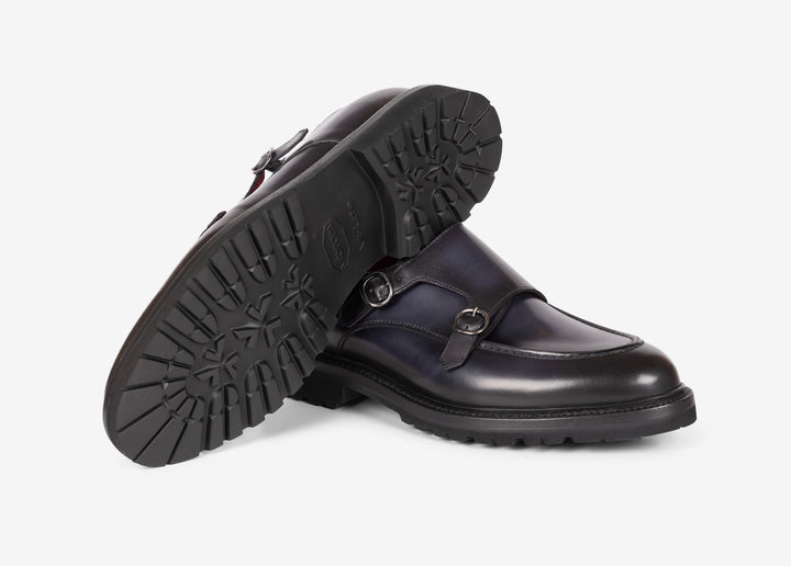 Navy double buckle in hand-aged leather