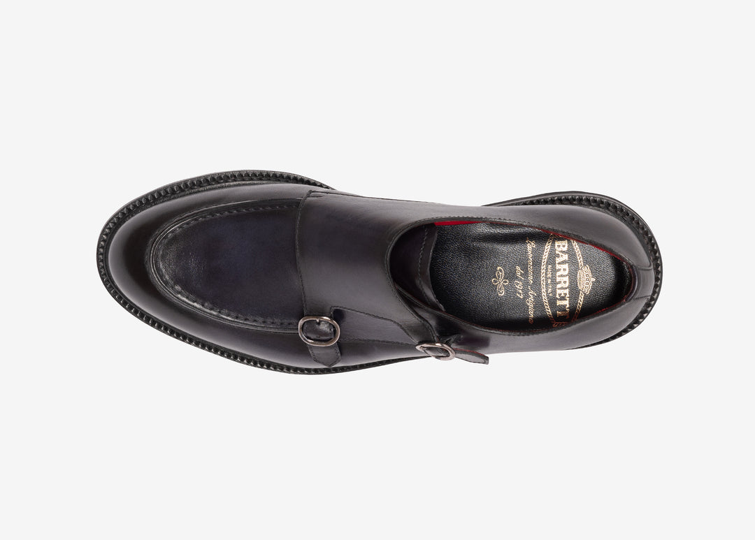 Navy double buckle in hand-aged leather