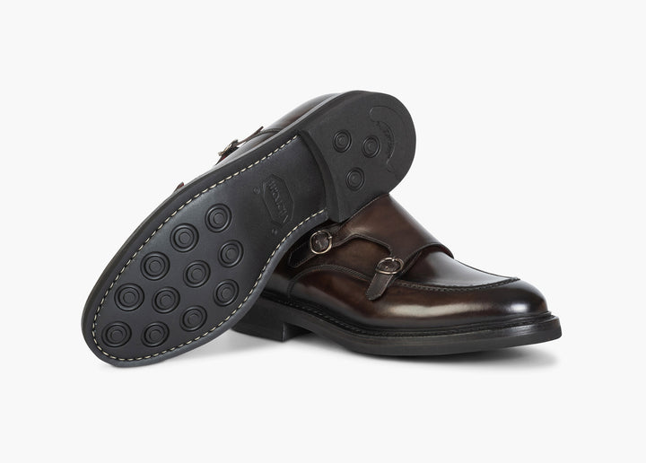 Brown double buckle in hand-aged leather