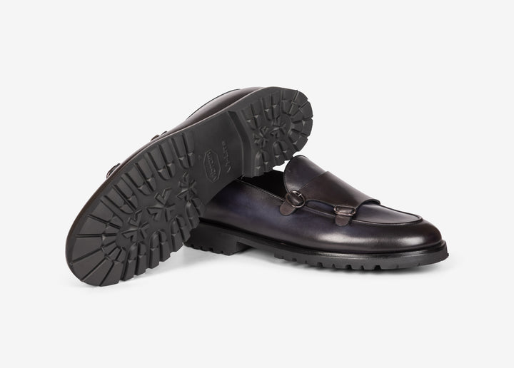 Doppia fibbia in vitello anticato navy