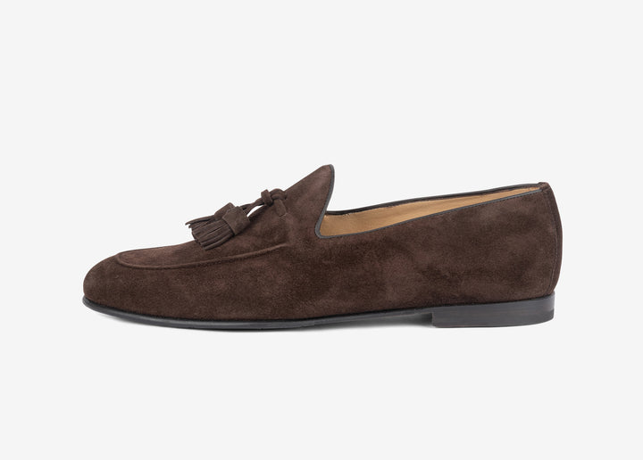 Dark brown suede loafer with tassels