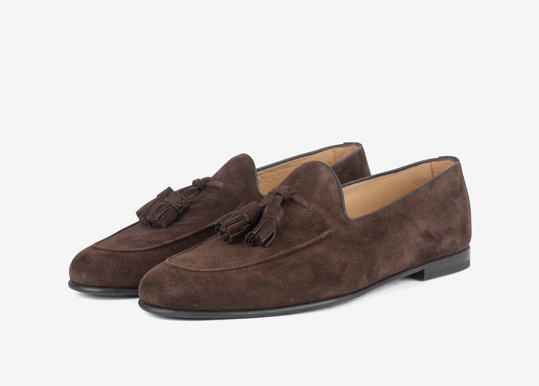 Dark brown suede loafer with tassels