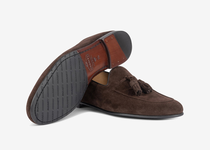 Dark brown suede loafer with tassels