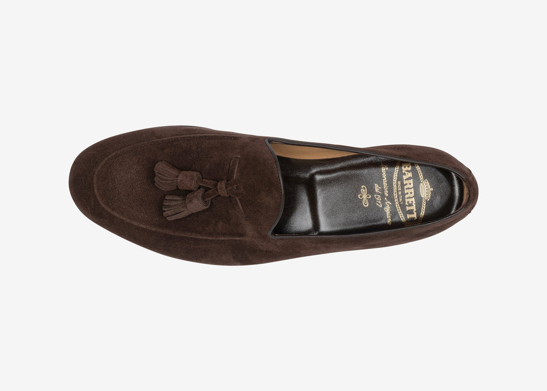 Dark brown suede loafer with tassels
