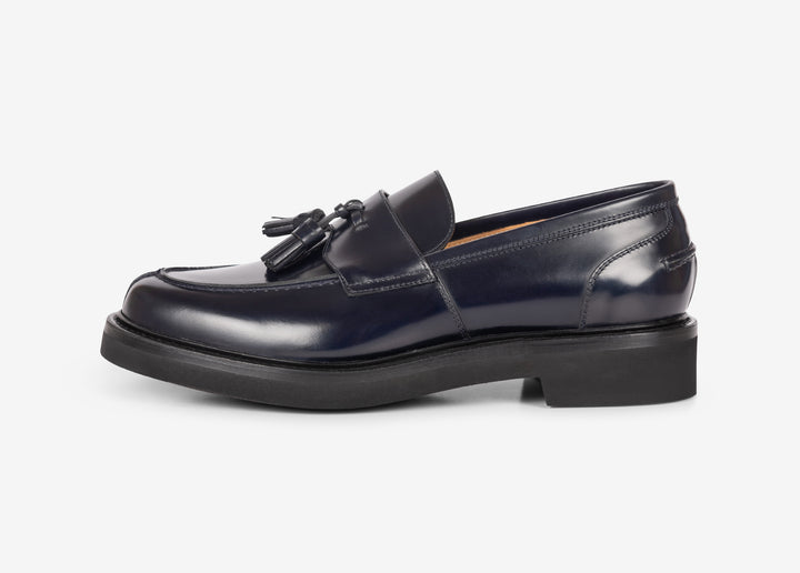 Blue loafer in brushed leather with tassels