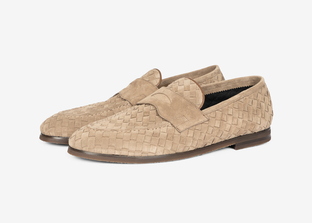 Mocassino con mascherina in suede intrecciato beige