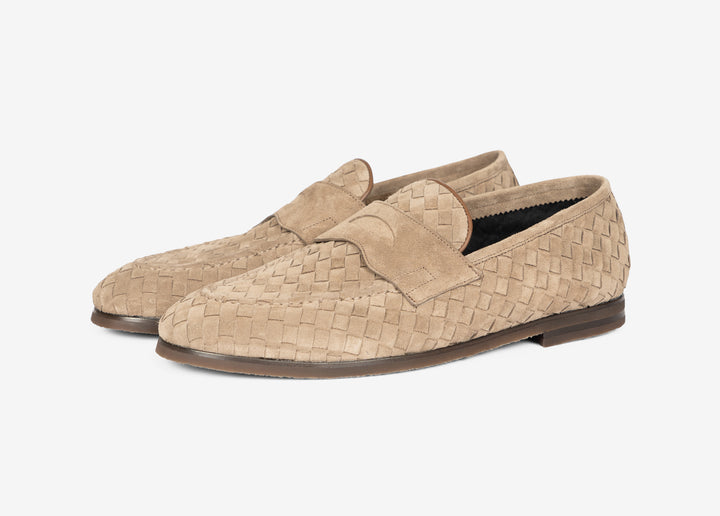 Mocassino con mascherina in suede intrecciato beige