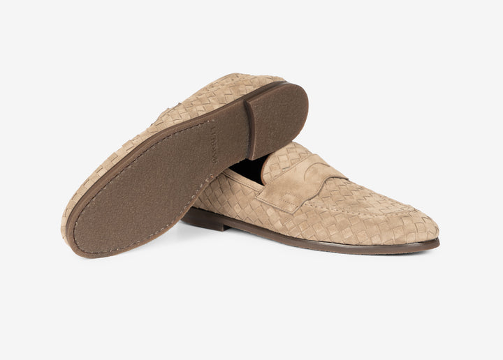 Mocassino con mascherina in suede intrecciato beige