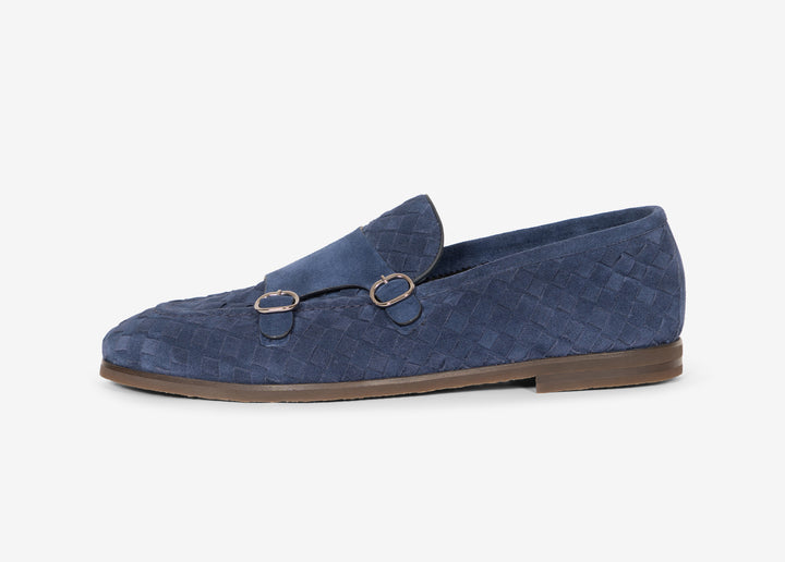 Blue woven suede double-buckle loafers