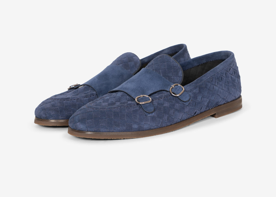 Blue woven suede double-buckle loafers