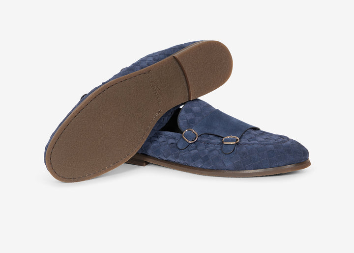 Blue woven suede double-buckle loafers