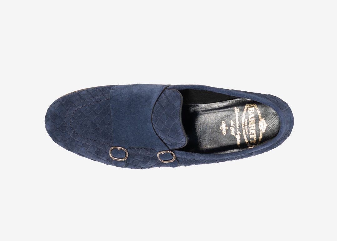 Blue woven suede double-buckle loafers