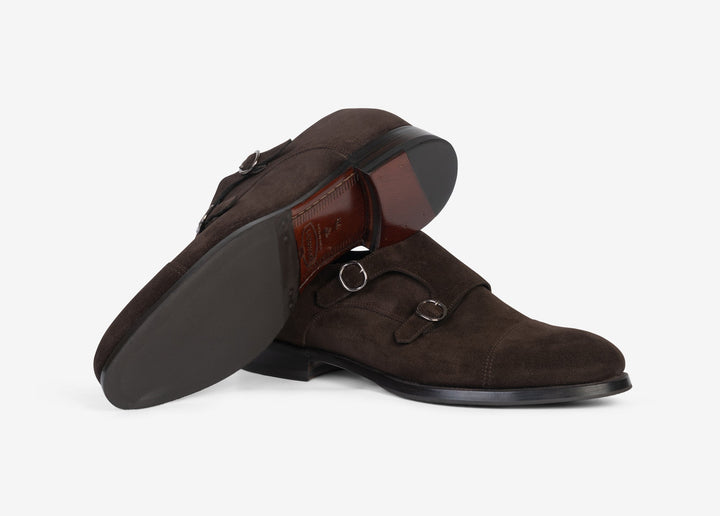 Suede double-buckle shoe with cap-toe