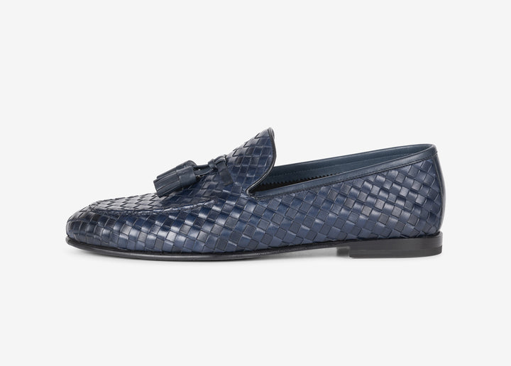 Blue woven loafer with tassels