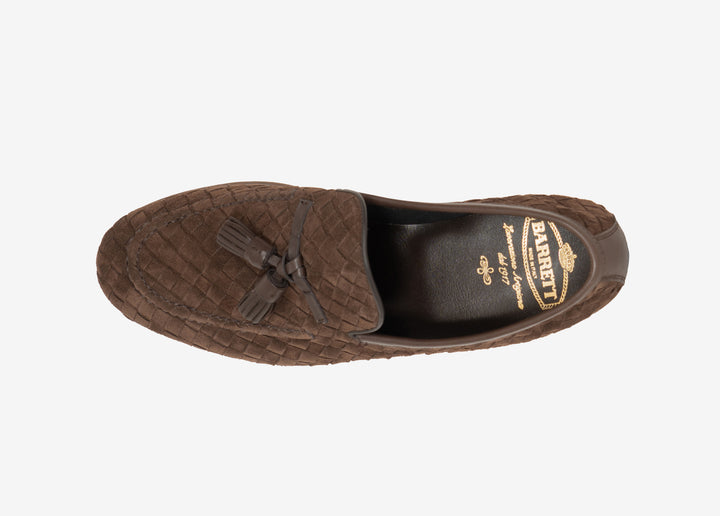 Mocassino con nappine in suede intrecciato marrone
