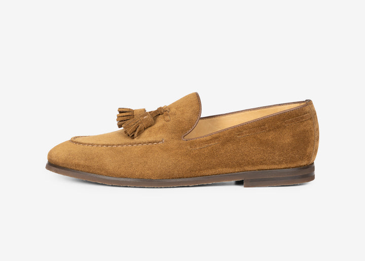 Mocassino con nappine in suede marrone chiaro