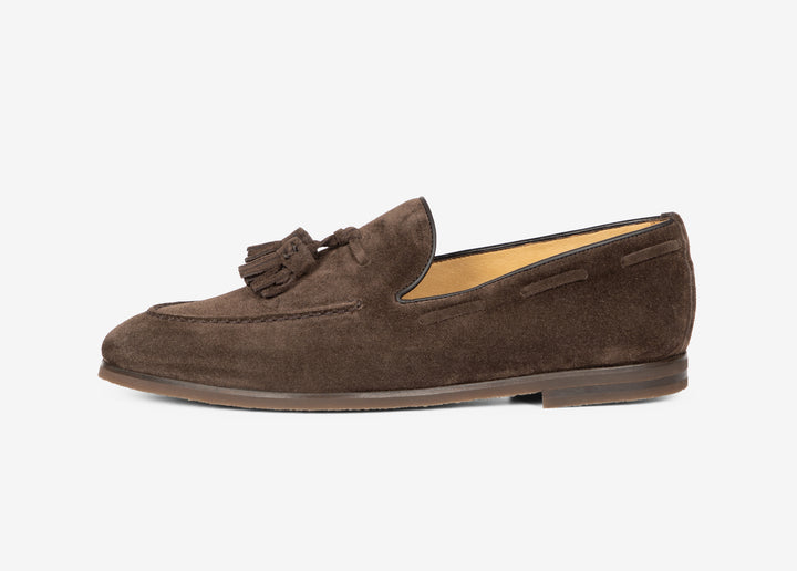 Mocassino con nappine in suede marrone testa di moro