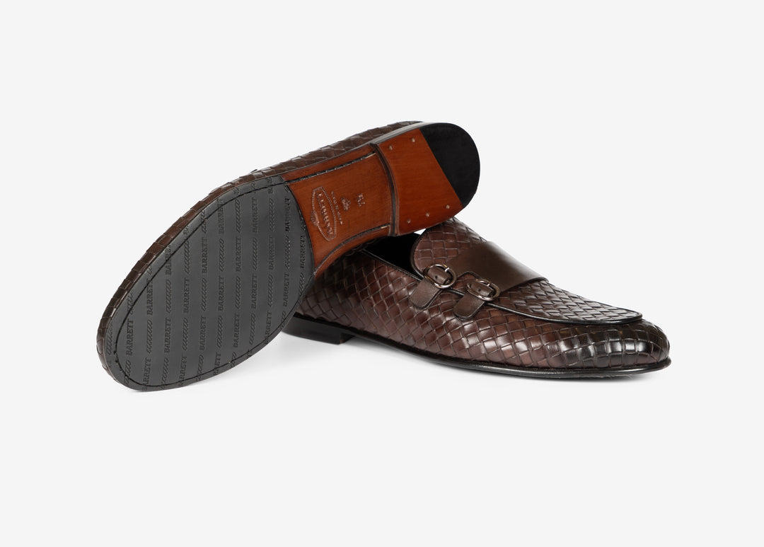 Mocassino doppia fibbia in pelle intrecciata marrone