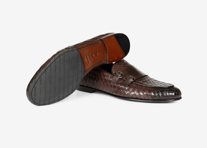 Mocassino doppia fibbia in pelle intrecciata marrone