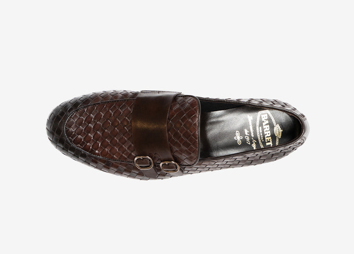 Mocassino doppia fibbia in pelle intrecciata marrone