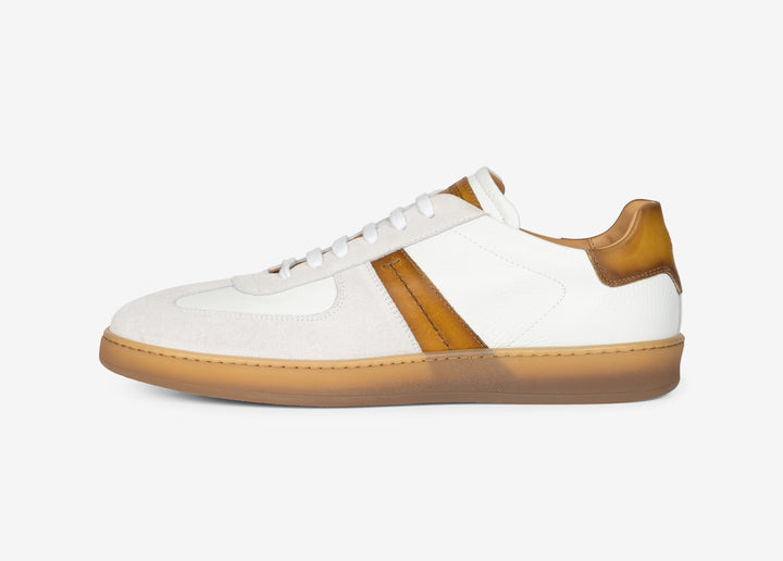 White suede and nappa sneakers with tan calfskin detail