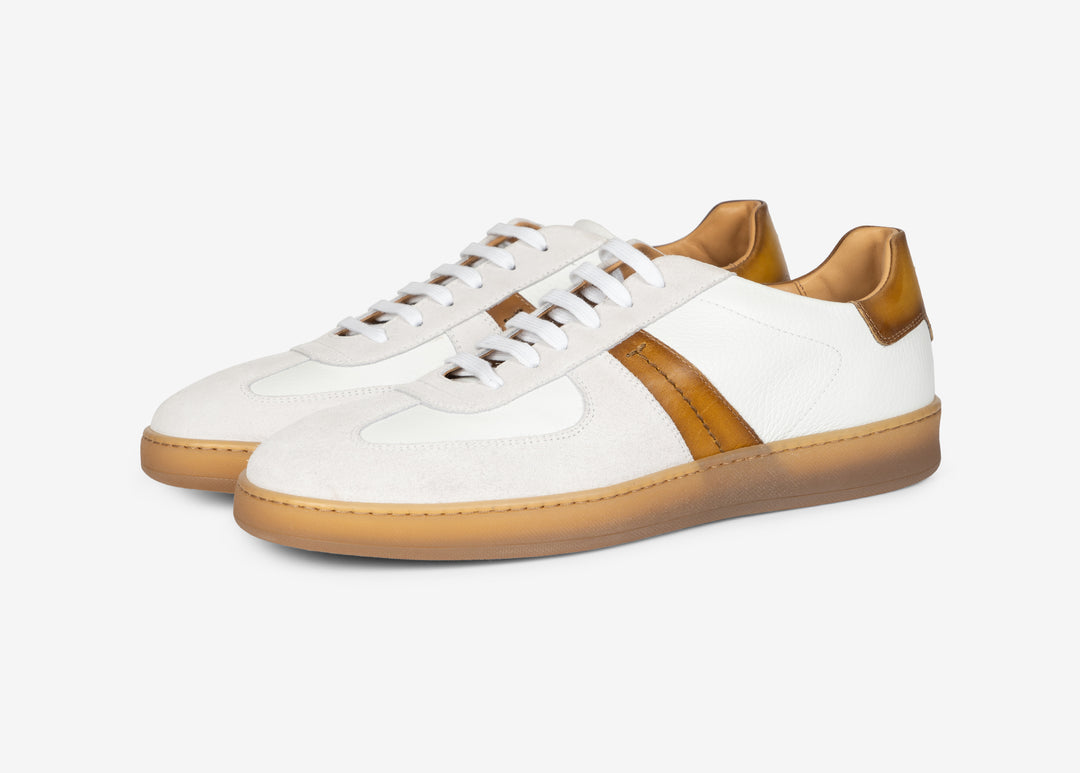 White suede and nappa sneakers with tan calfskin detail