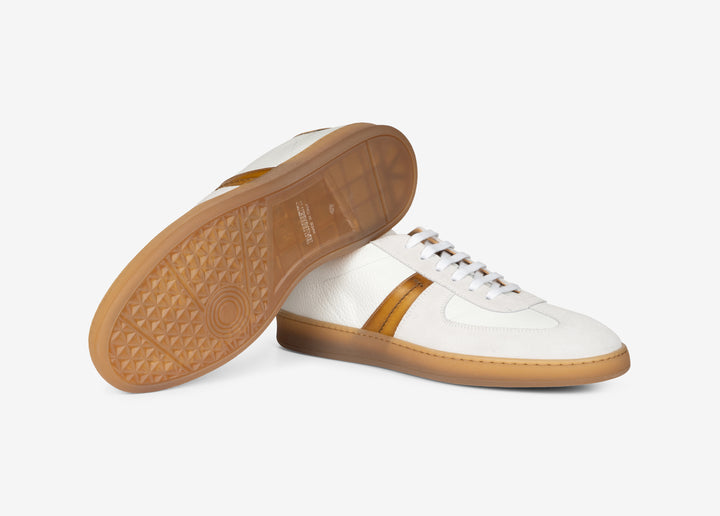 White suede and nappa sneakers with tan calfskin detail