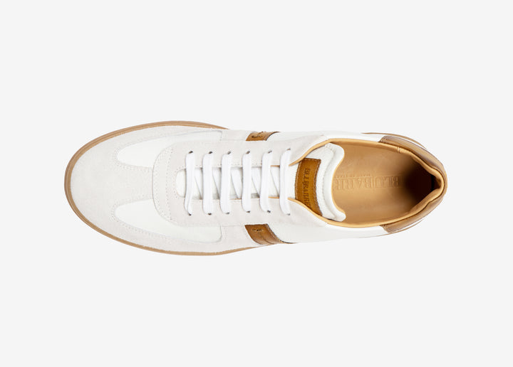White suede and nappa sneakers with tan calfskin detail