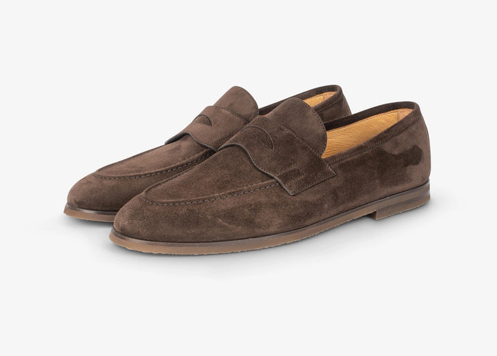 Dark brown suede loafer with band detail