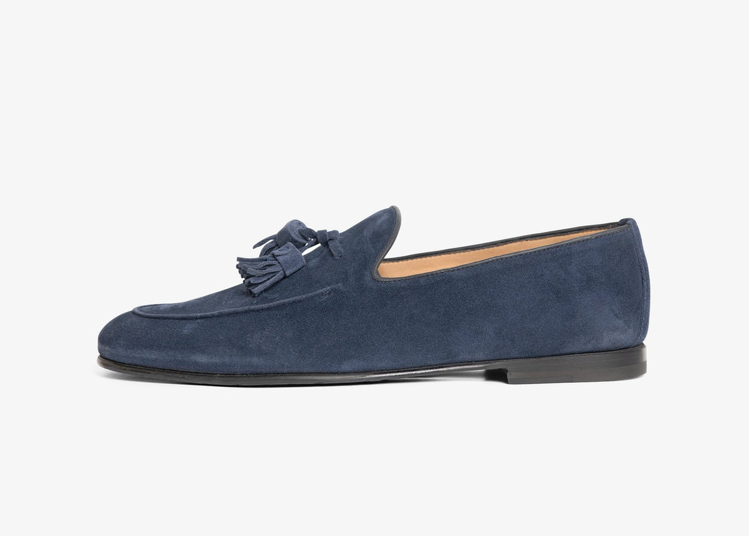 Blue suede loafer with tassels