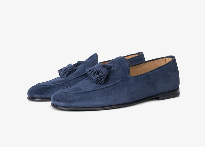 Blue suede loafer with tassels